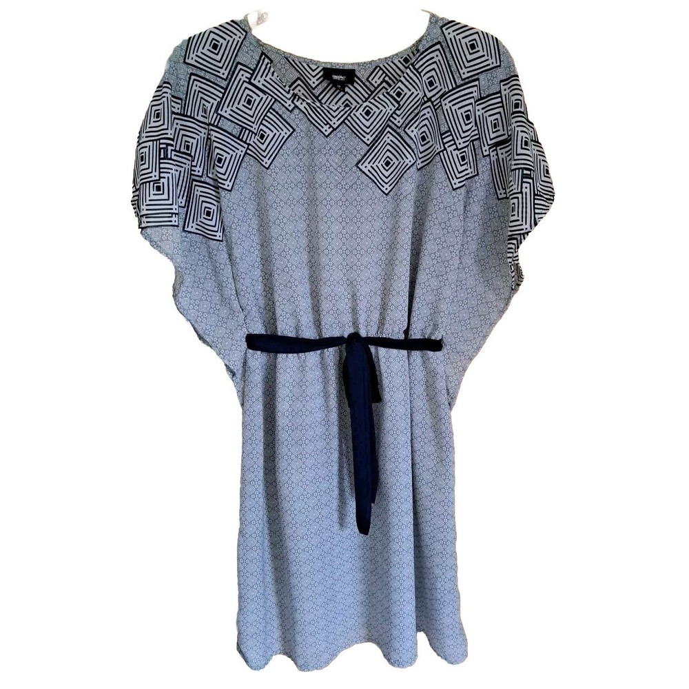 Swimsuit Cover Up Size M Blue‎ Gray Geometric Pattern Short Kimono Style Belted